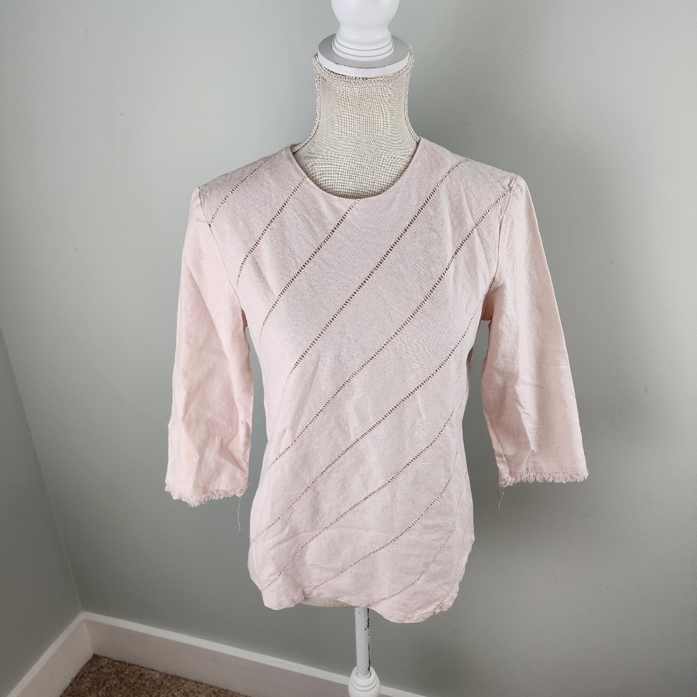 Seeu Women’s Linen Blend 3/4 Length Sleeve Keyhole Button Closure Top Size Small